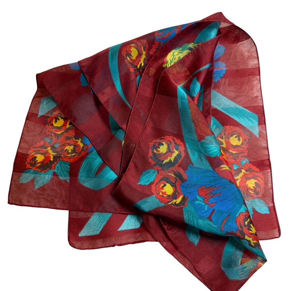 Designer Floral Silk Scarf Red Teal Roses Ribbon Accent - Picture 1 of 5